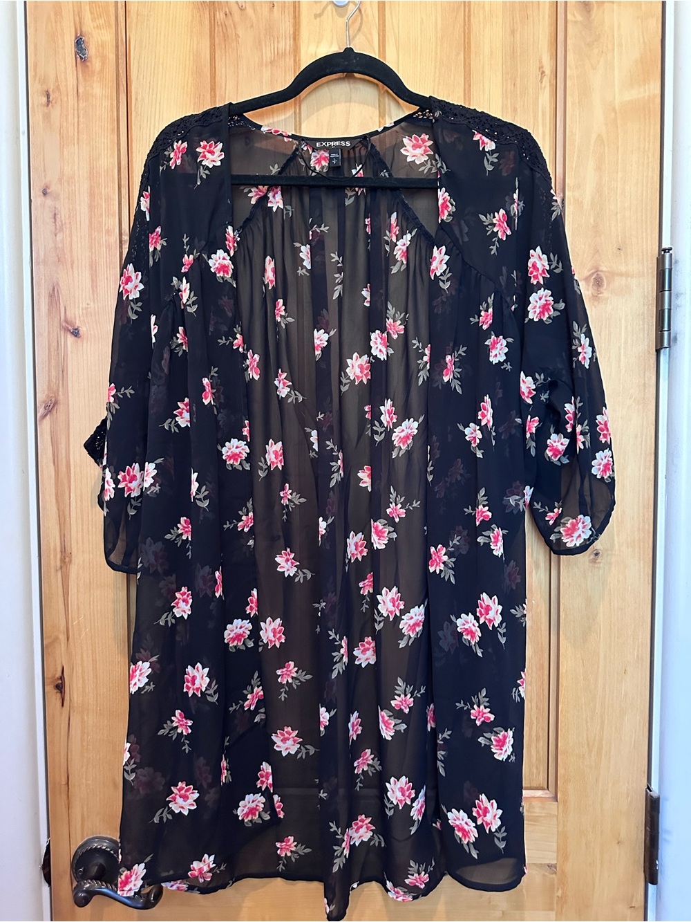 Express Black Floral Sheer Kimono Cardigan